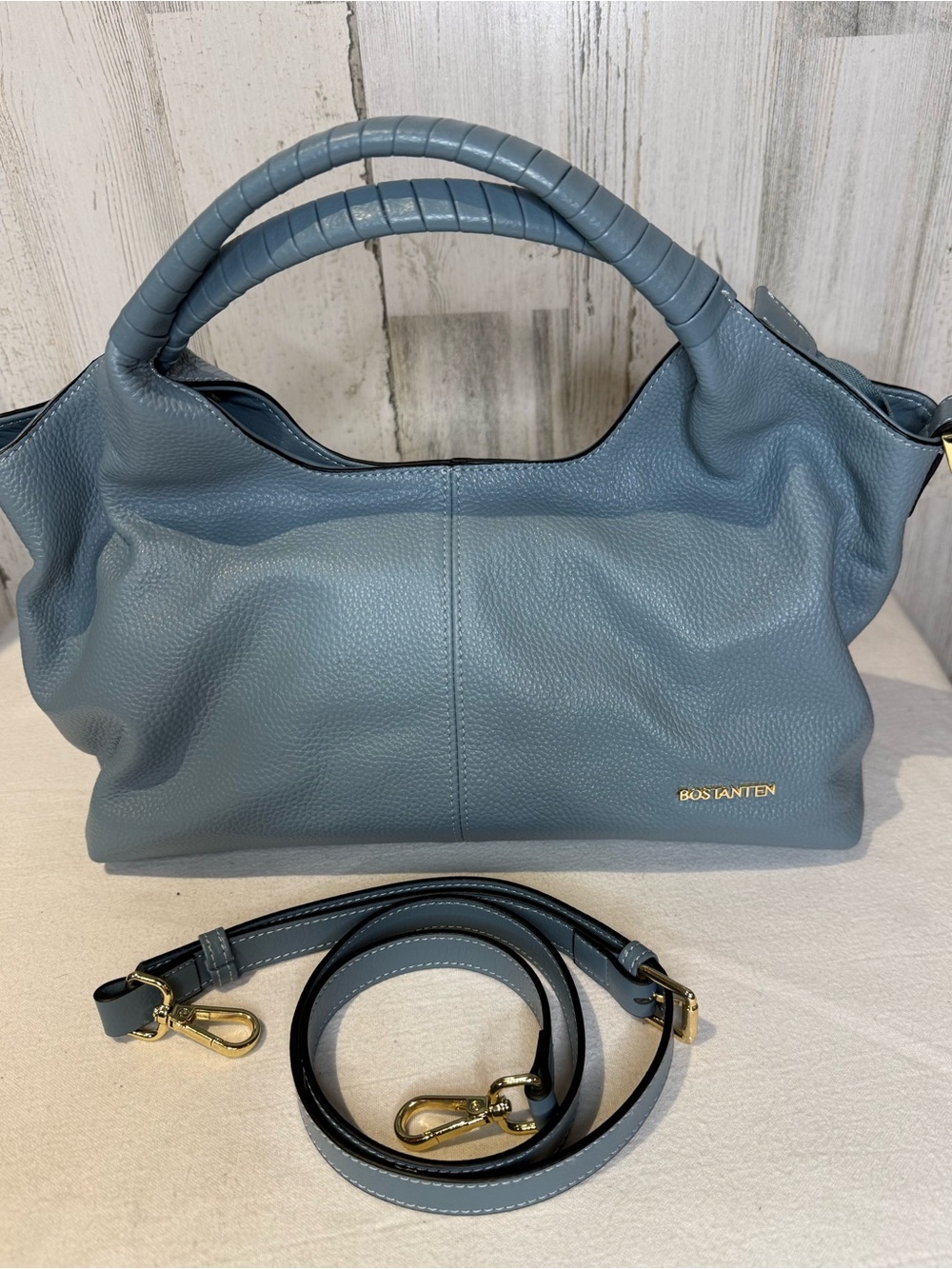 Bostanen Genuine Blue Leather Hand Bag with Detachable Strap EUC